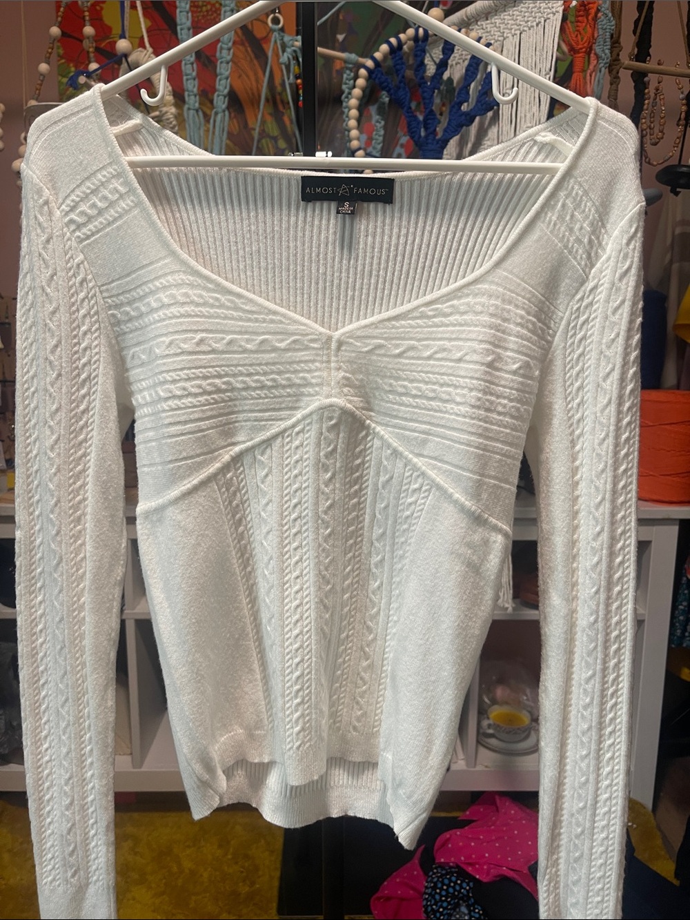 Almost Famous Cream Cable Knit V-Neck Sweater